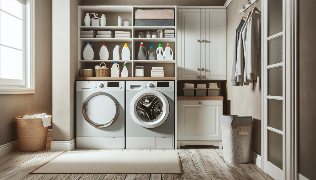 Wäschekorb-Platzierung: Nähe der Geräte einplanen -  Waschmaschine Trockner Schrank – Ordnung in der Waschküche