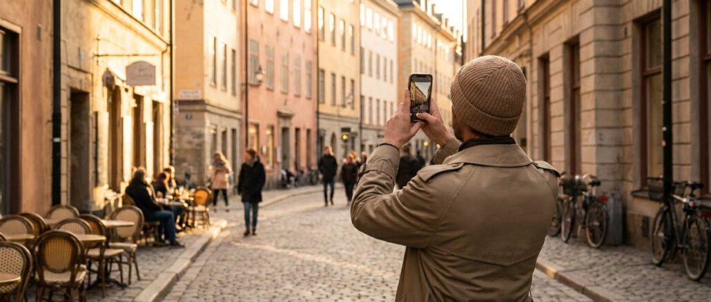 Fotograf bei der goldenen Stunde an einem stimmungsvollen städtischen Foto-Spot