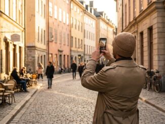 Fotograf bei der goldenen Stunde an einem stimmungsvollen städtischen Foto-Spot