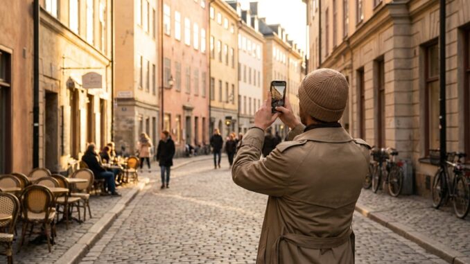 Fotograf bei der goldenen Stunde an einem stimmungsvollen städtischen Foto-Spot