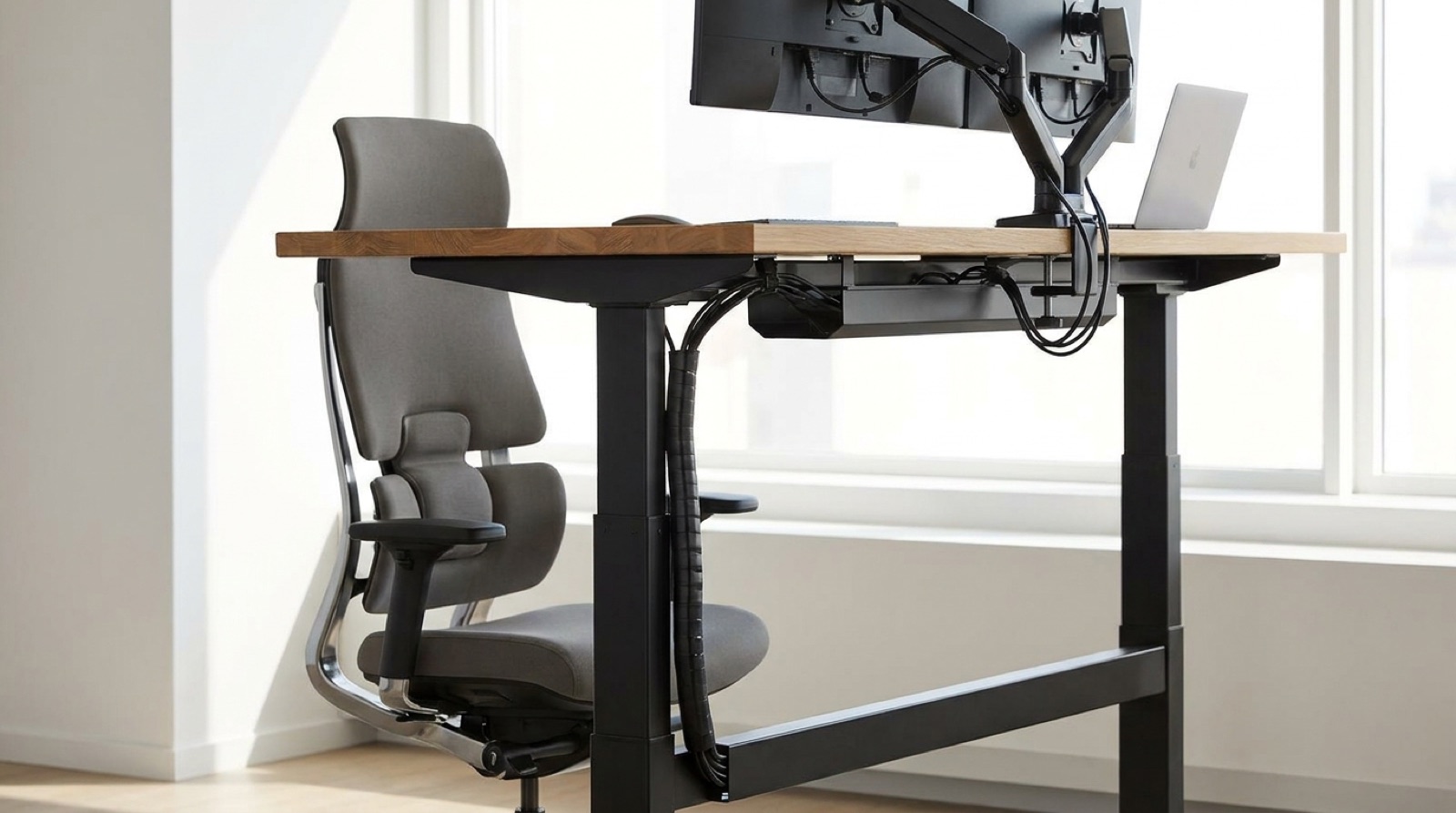 Ergonomische Büromöbel und höhenverstellbarer Schreibtisch für hybrides Arbeiten