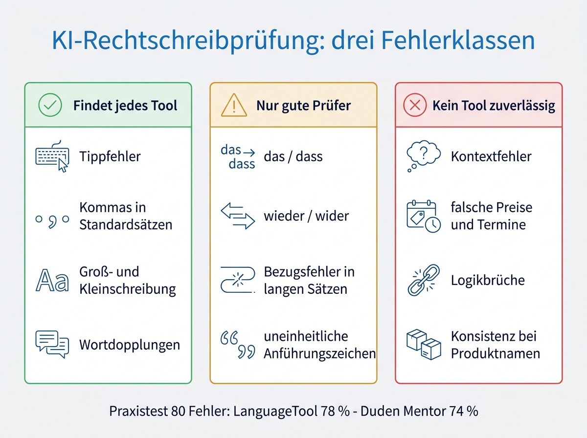 Übersicht der Fehlerklassen, die eine KI Rechtschreibprüfung findet und übersieht