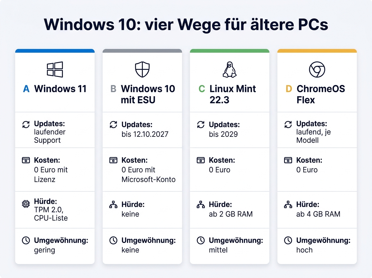 Vergleich der vier Wege für ältere Windows-10-PCs mit Kosten, Hardware-Anforderungen und Supportdauer