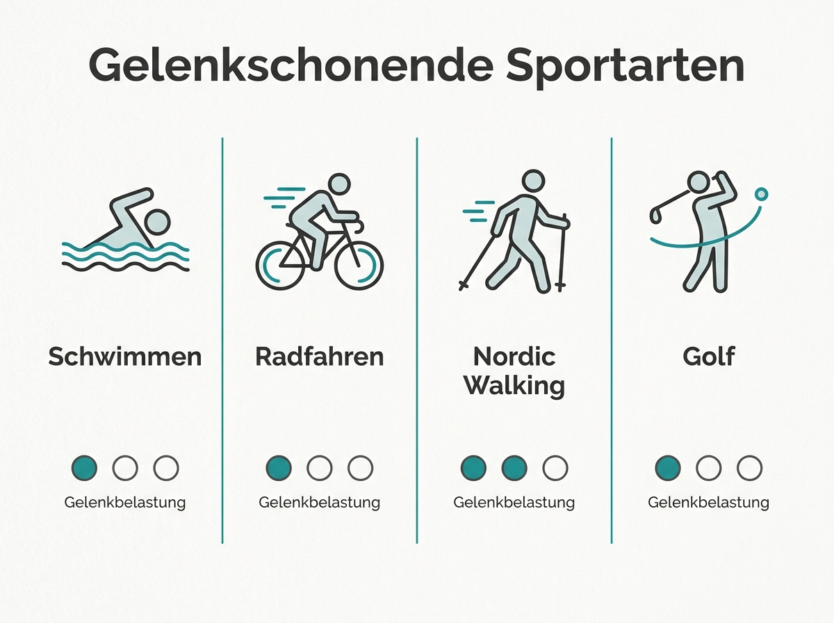 Infografik mit gelenkschonenden Sportarten und ihrer Belastung für Knie und Hüfte