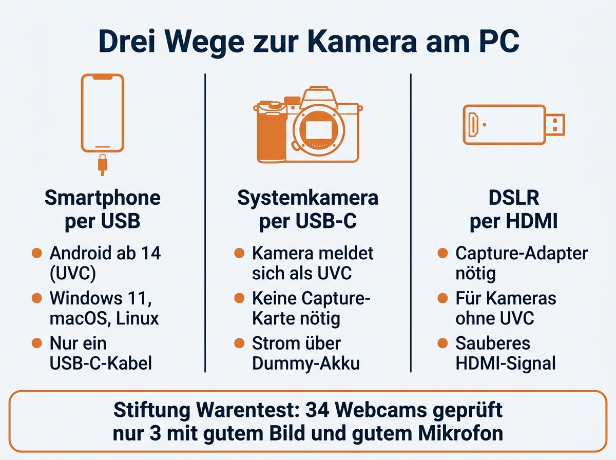 Infografik mit drei Wegen, eine Kamera am PC als Webcam zu nutzen: Smartphone per USB, Systemkamera per USB-C und DSLR per HDMI-Capture