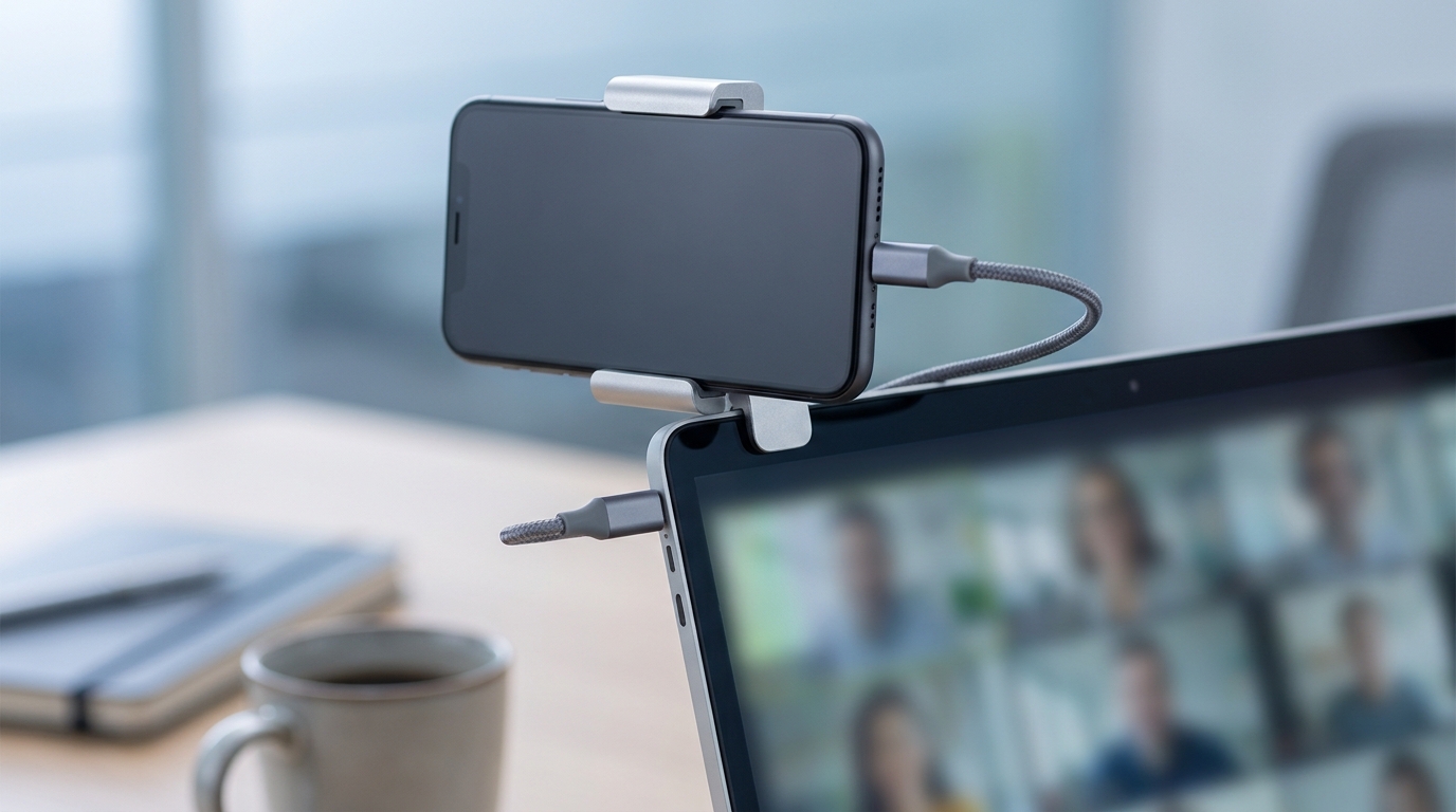 Smartphone in einer Klemmhalterung auf dem Laptopdeckel, per USB-C-Kabel als Webcam verbunden