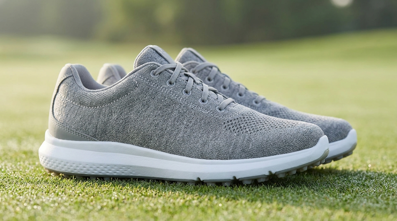Golfschuhe mit gedämpfter Sohle auf dem Rasen eines Golfplatzes
