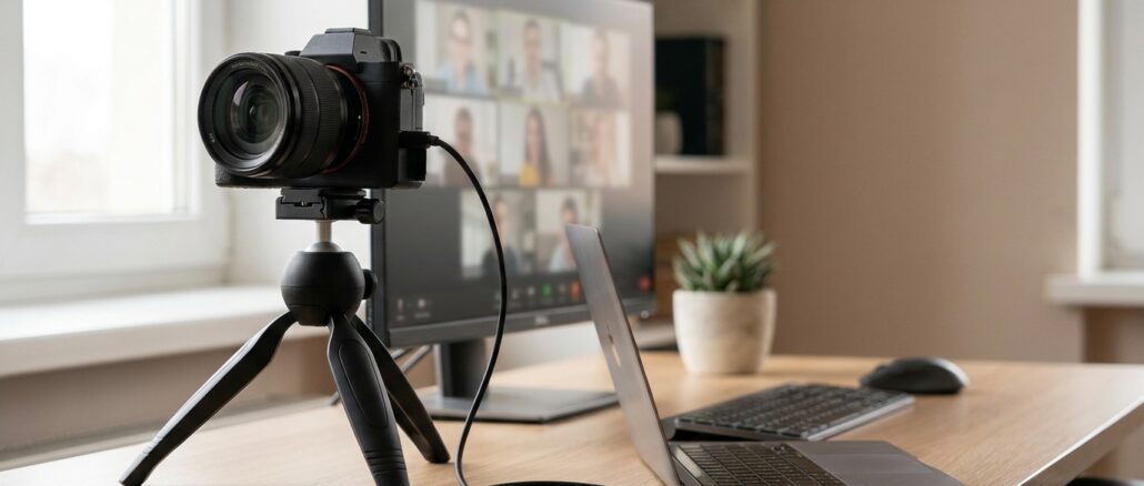 Systemkamera auf einem Stativ, die am Schreibtisch als Webcam für eine Videokonferenz dient