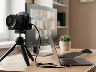Systemkamera auf einem Stativ, die am Schreibtisch als Webcam für eine Videokonferenz dient