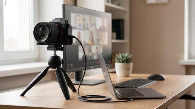 Systemkamera auf einem Stativ, die am Schreibtisch als Webcam für eine Videokonferenz dient
