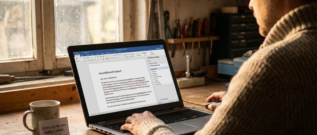 KI Rechtschreibprüfung markiert Fehler in einem deutschen Text am Bildschirm