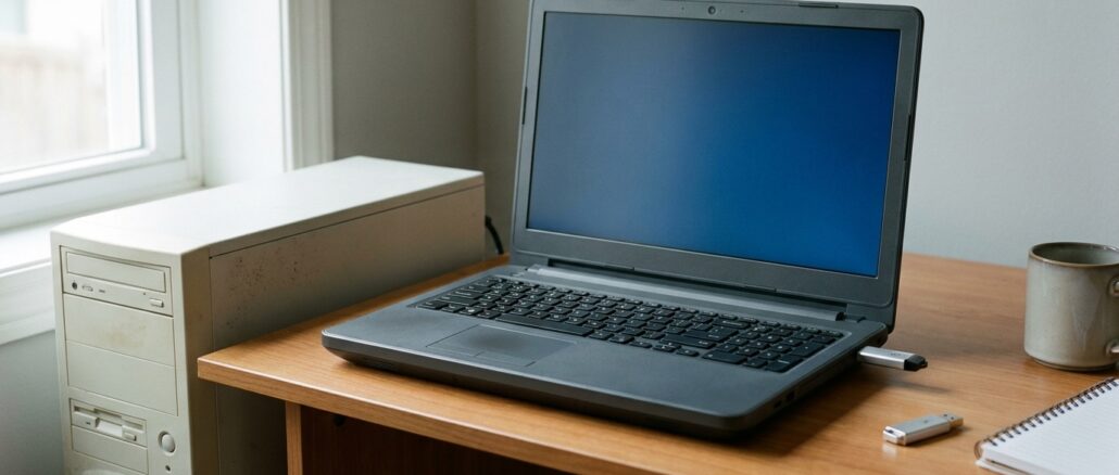 Älteres Notebook auf einem Schreibtisch mit USB-Stick als Sinnbild für Windows 10 Alternativen