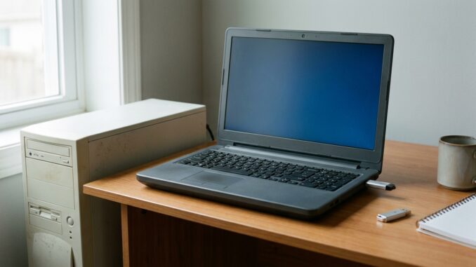 Älteres Notebook auf einem Schreibtisch mit USB-Stick als Sinnbild für Windows 10 Alternativen