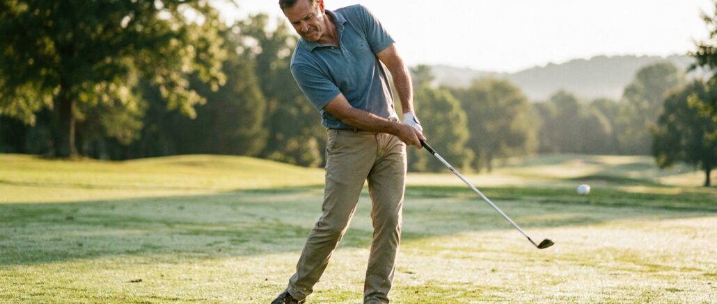 Fitness ab 40: Golfspieler mittleren Alters beim Abschlag auf dem Platz