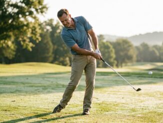 Fitness ab 40: Golfspieler mittleren Alters beim Abschlag auf dem Platz