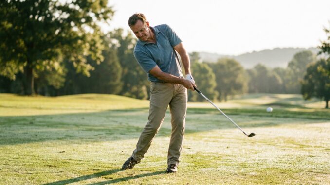 Fitness ab 40: Golfspieler mittleren Alters beim Abschlag auf dem Platz
