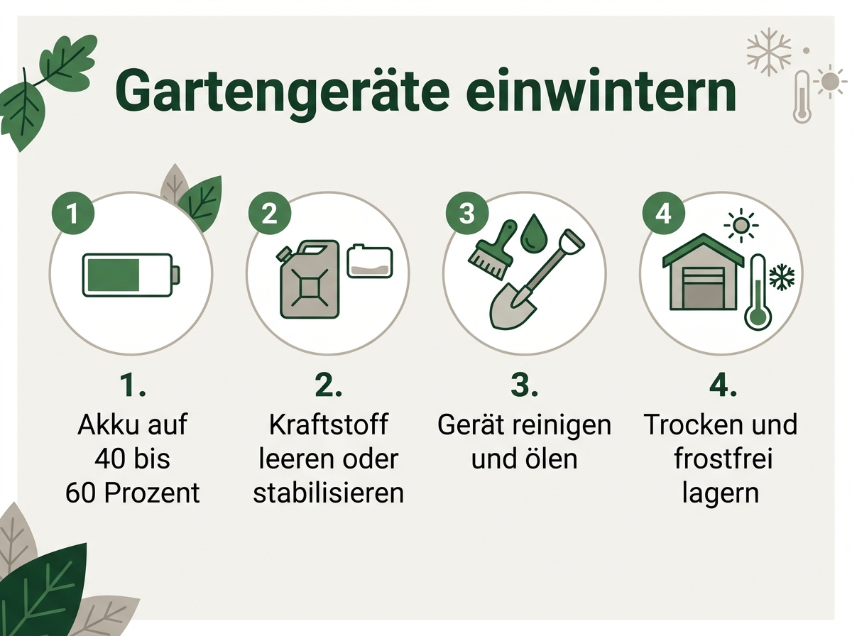 Infografik zum Einwintern von Gartengeräten mit Ladestand, Kraftstoff, Reinigung und Lagerung