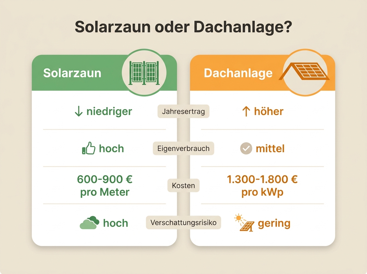 Infografik: Vergleichsmatrix Solarzaun und Dachanlage nach Ertrag, Eigenverbrauch, Kosten und Verschattung