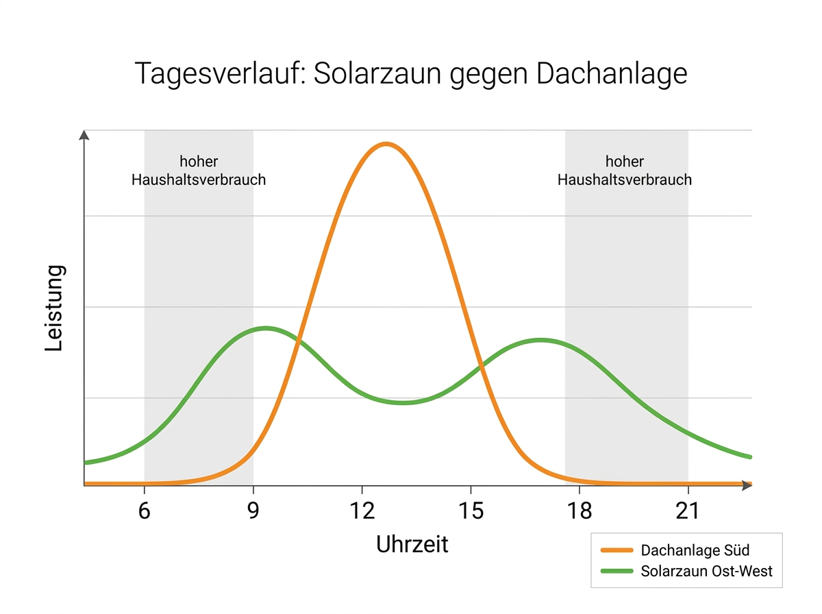 Diagramm des Tagesverlaufs: Dachanlage mit Mittagsspitze, Solarzaun mit zwei flacheren Spitzen