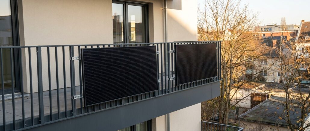 Balkonkraftwerk mit zwei schwarzen Solarmodulen an einem Balkongeländer eines Mehrfamilienhauses