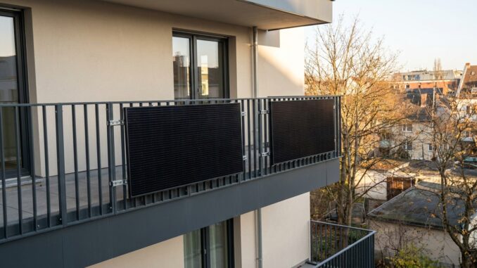 Balkonkraftwerk mit zwei schwarzen Solarmodulen an einem Balkongeländer eines Mehrfamilienhauses