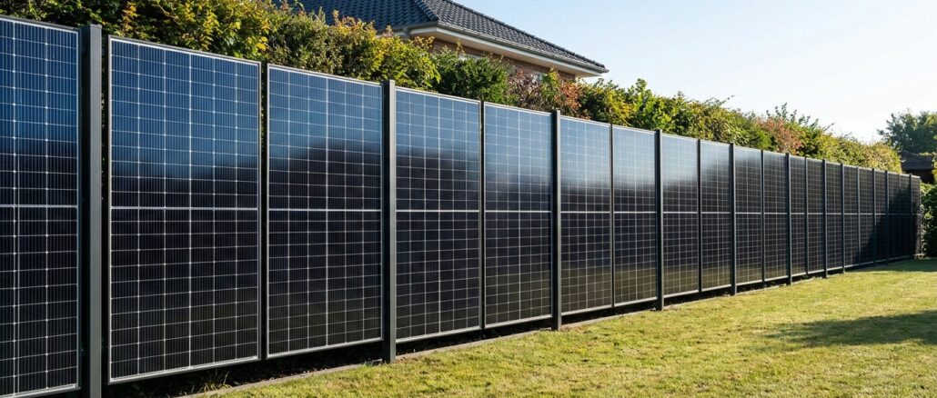 Solarzaun aus dunklen bifazialen Photovoltaikmodulen als Grundstücksgrenze mit Rasen davor