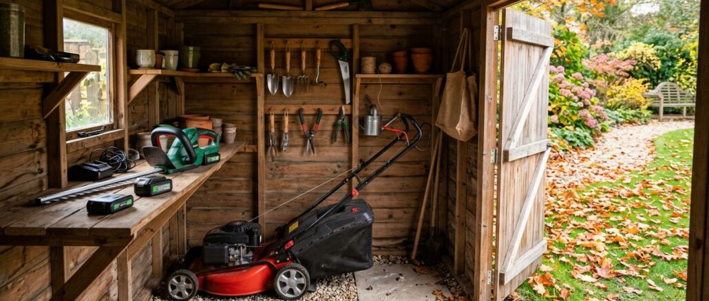 Gartengeräte werden im Herbst zum Einwintern im Schuppen verstaut