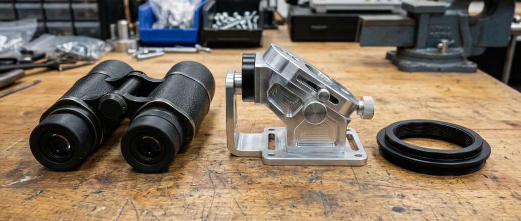 Optik-Zubehör: Montage und Adapter mit einem Fernglas auf einer Werkbank