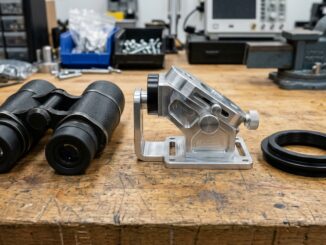 Optik-Zubehör: Montage und Adapter mit einem Fernglas auf einer Werkbank