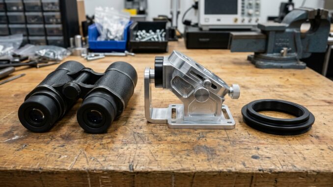 Optik-Zubehör: Montage und Adapter mit einem Fernglas auf einer Werkbank