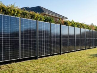Solarzaun aus dunklen bifazialen Photovoltaikmodulen als Grundstücksgrenze mit Rasen davor