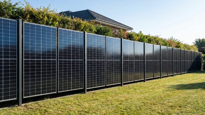 Solarzaun aus dunklen bifazialen Photovoltaikmodulen als Grundstücksgrenze mit Rasen davor